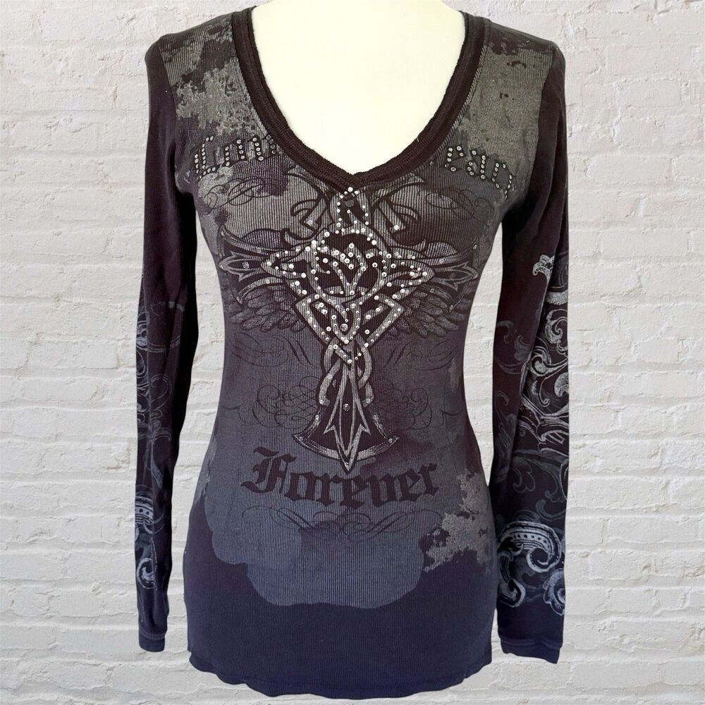 Womens Vtg Y2K Gothic Biker Studded Tribal Tattoo Graphic Tee Shirt Top Large